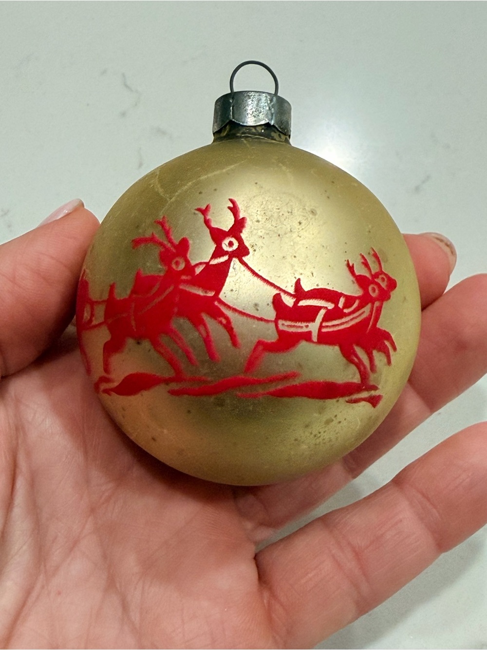 Vintage Glass Holiday Ornament with Santa and Red Reindeer Design